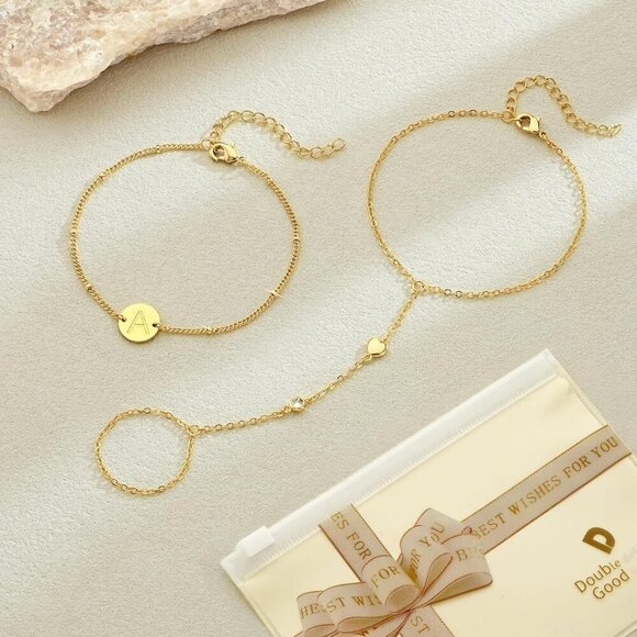 Gold Hand Chain Bracelet with Initial Charms 18K Gold Plated Jewelry for Women - Picture 5 of 5